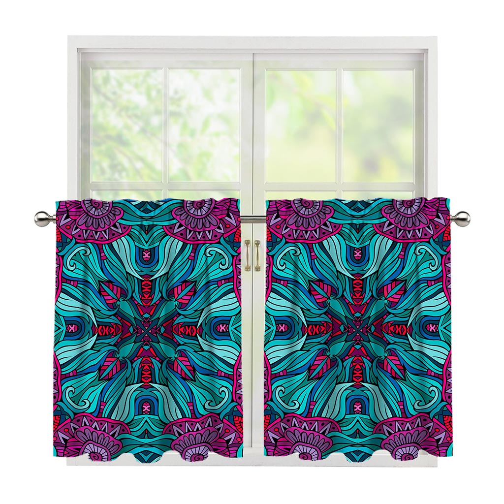 Ethnic Teal Bohemian Pattern Print Tier Curtains