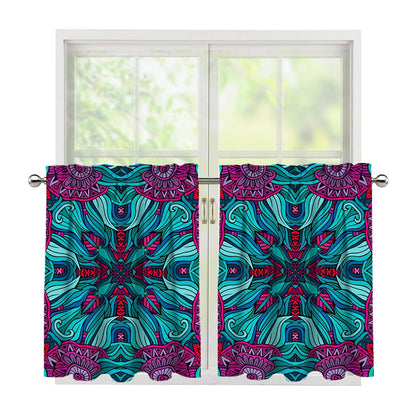 Ethnic Teal Bohemian Pattern Print Tier Curtains