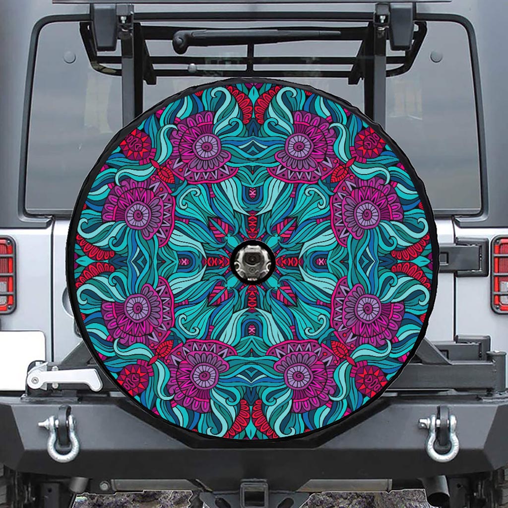 Ethnic Teal Bohemian Pattern Print Tire Cover With Camera Hole