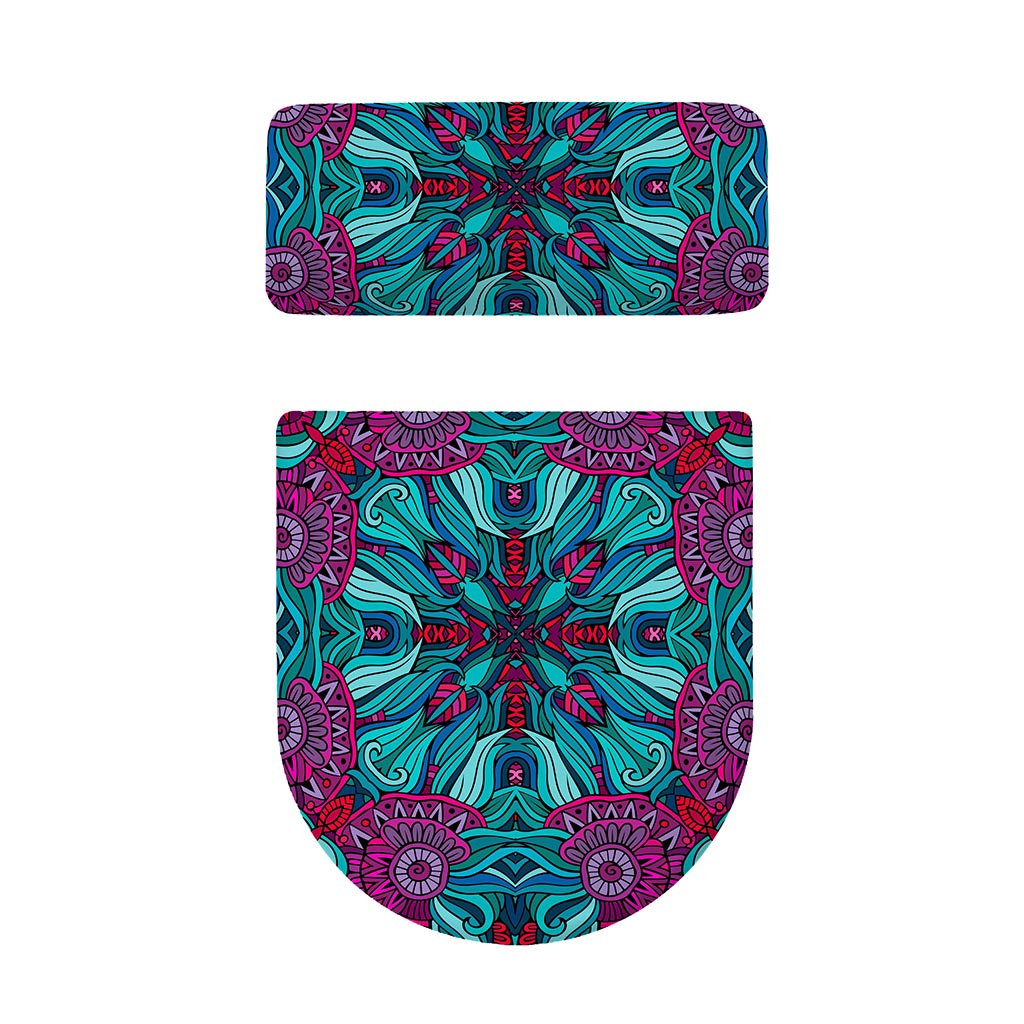Ethnic Teal Bohemian Pattern Print Toilet Lid And Tank Cover Set