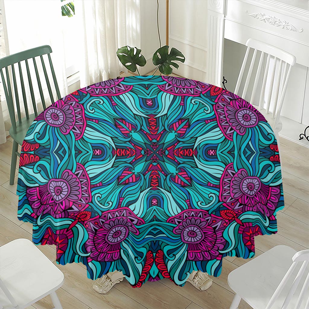 Ethnic Teal Bohemian Pattern Print Waterproof Round Tablecloth