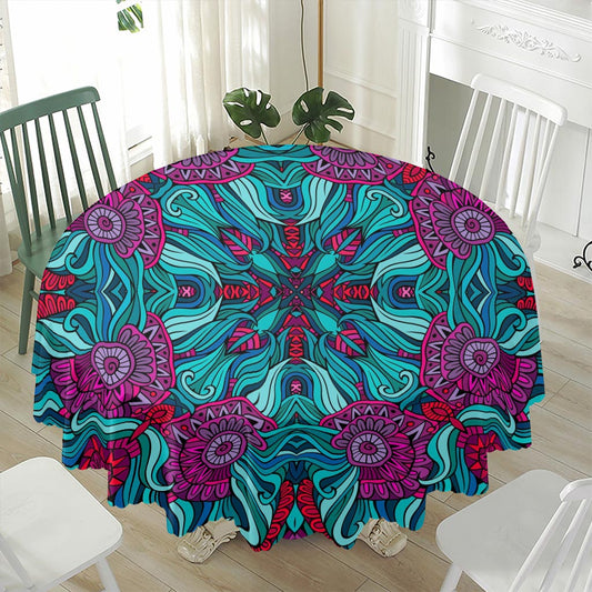 Ethnic Teal Bohemian Pattern Print Waterproof Round Tablecloth