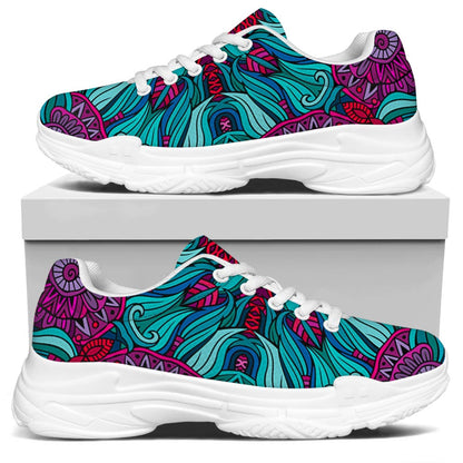Ethnic Teal Bohemian Pattern Print White Chunky Shoes
