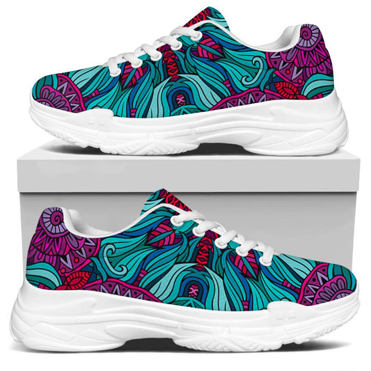 Ethnic Teal Bohemian Pattern Print White Chunky Shoes