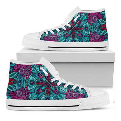Ethnic Teal Bohemian Pattern Print White High Top Sneakers