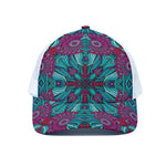 Ethnic Teal Bohemian Pattern Print White Mesh Trucker Cap
