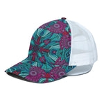 Ethnic Teal Bohemian Pattern Print White Mesh Trucker Cap
