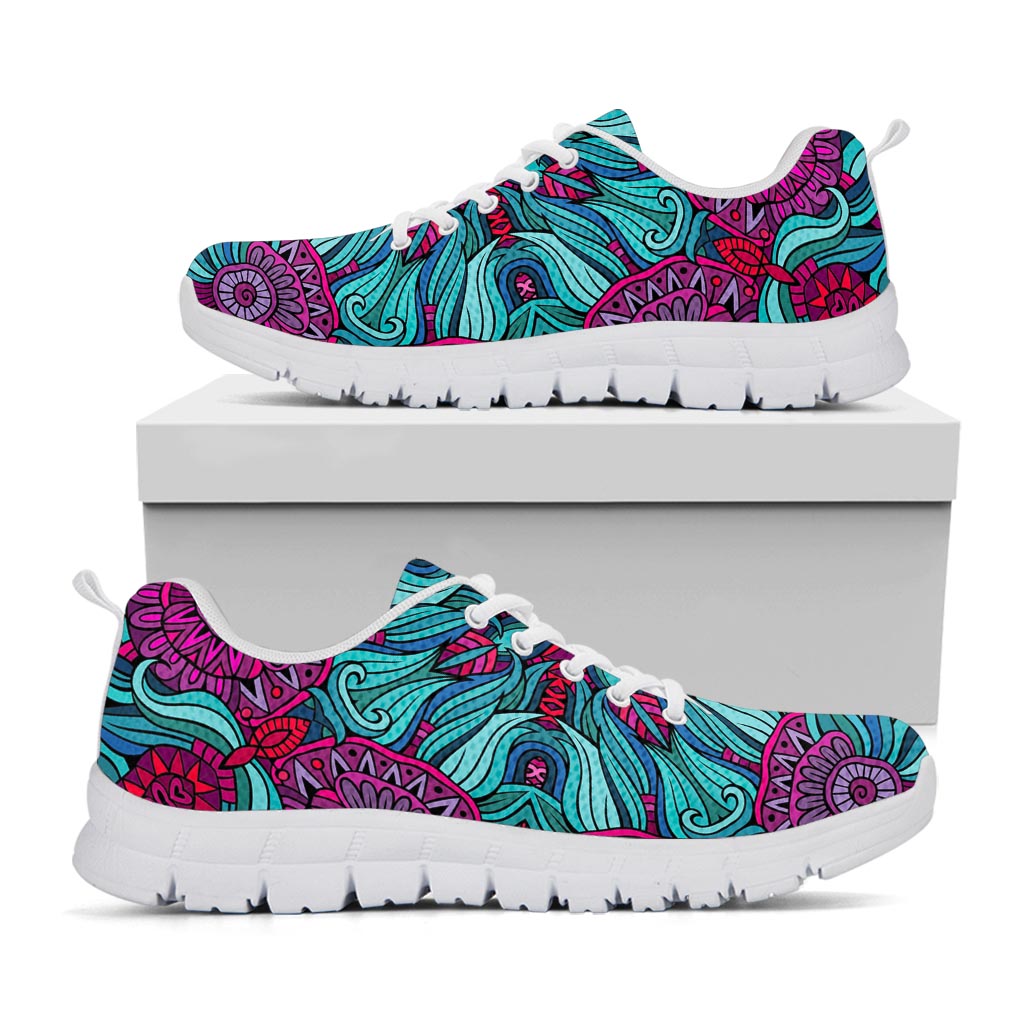 Ethnic Teal Bohemian Pattern Print White Running Shoes