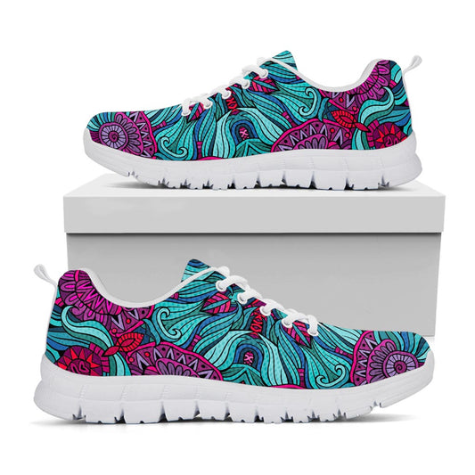 Ethnic Teal Bohemian Pattern Print White Running Shoes