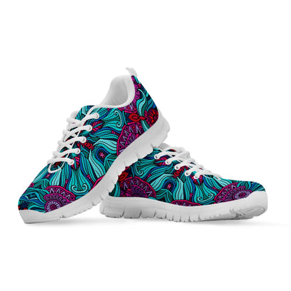 Ethnic Teal Bohemian Pattern Print White Running Shoes