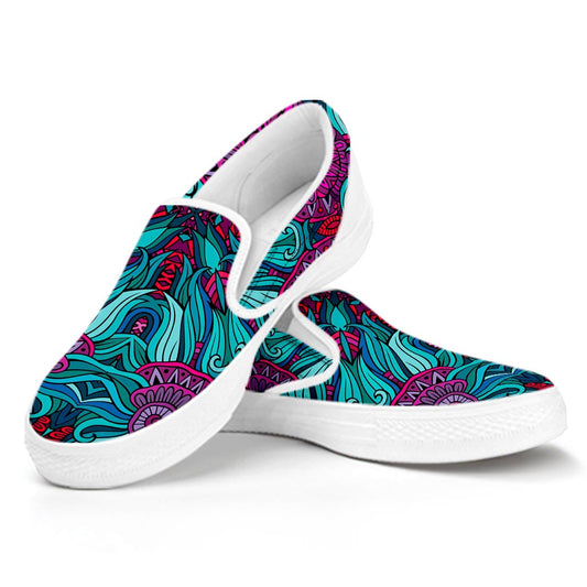 Ethnic Teal Bohemian Pattern Print White Slip On Sneakers