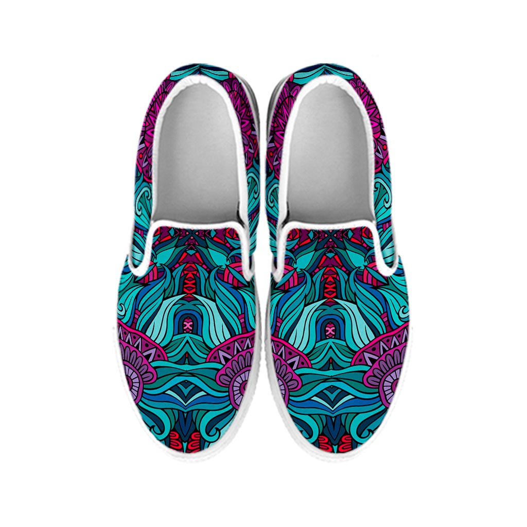 Ethnic Teal Bohemian Pattern Print White Slip On Sneakers