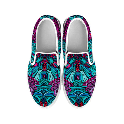 Ethnic Teal Bohemian Pattern Print White Slip On Sneakers