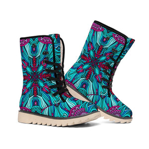 Ethnic Teal Bohemian Pattern Print Winter Boots