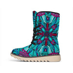 Ethnic Teal Bohemian Pattern Print Winter Boots