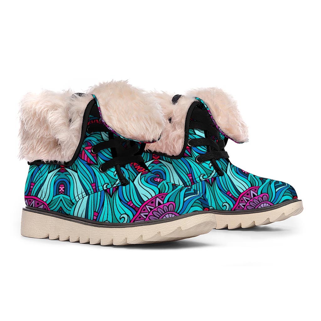 Ethnic Teal Bohemian Pattern Print Winter Boots