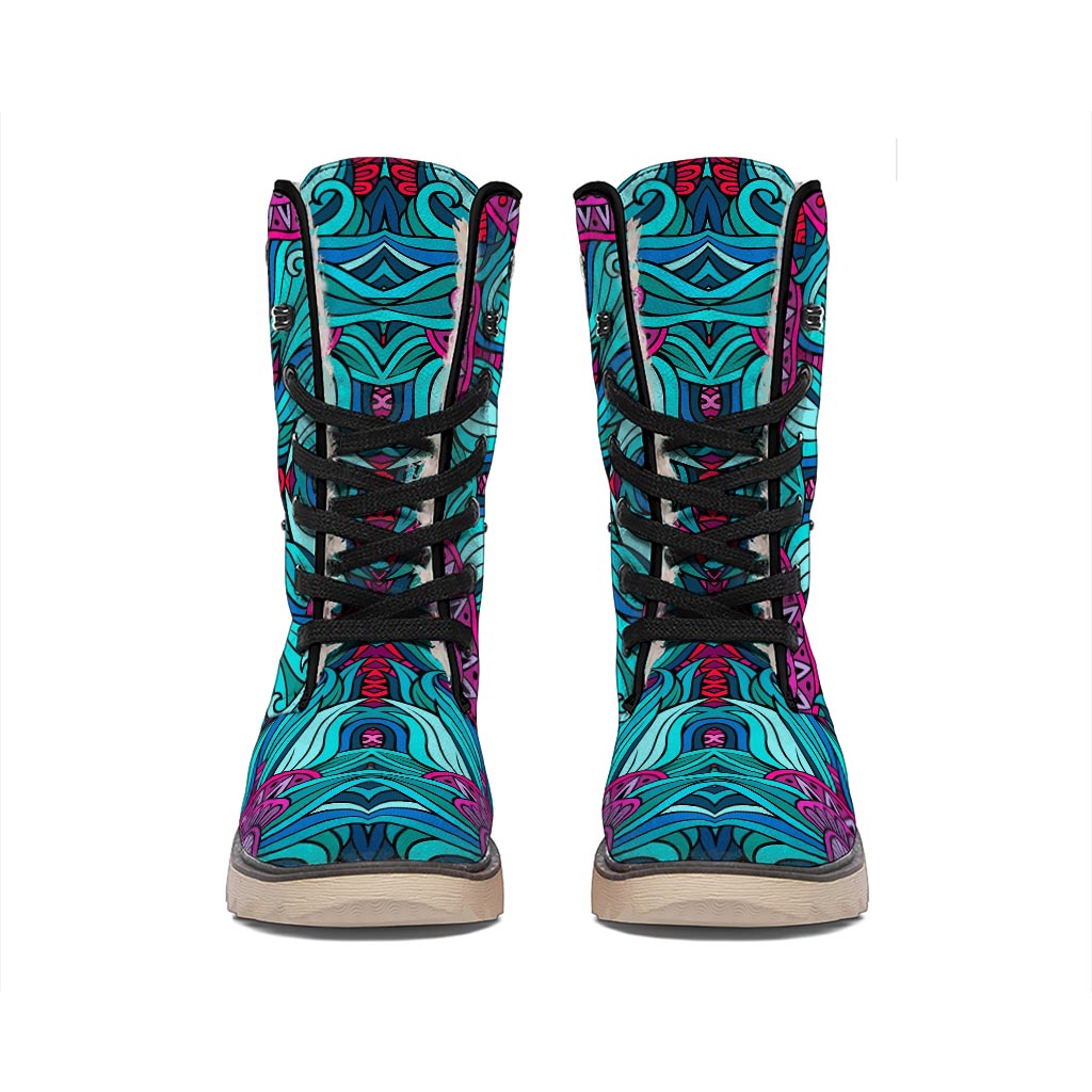 Ethnic Teal Bohemian Pattern Print Winter Boots