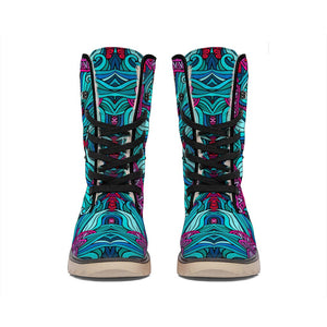 Ethnic Teal Bohemian Pattern Print Winter Boots