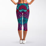 Ethnic Teal Bohemian Pattern Print Women's Capri Leggings