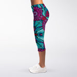 Ethnic Teal Bohemian Pattern Print Women's Capri Leggings