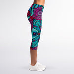 Ethnic Teal Bohemian Pattern Print Women's Capri Leggings