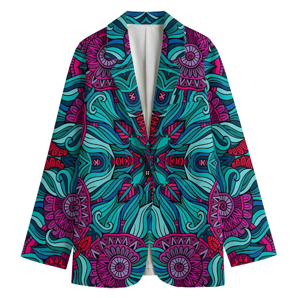 Ethnic Teal Bohemian Pattern Print Women's Cotton Blazer