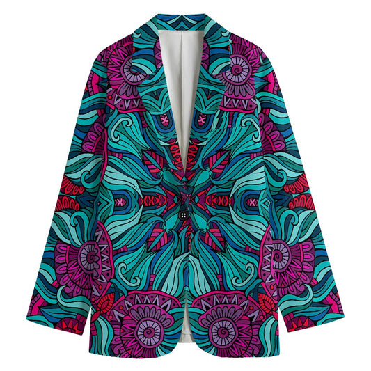 Ethnic Teal Bohemian Pattern Print Women's Cotton Blazer