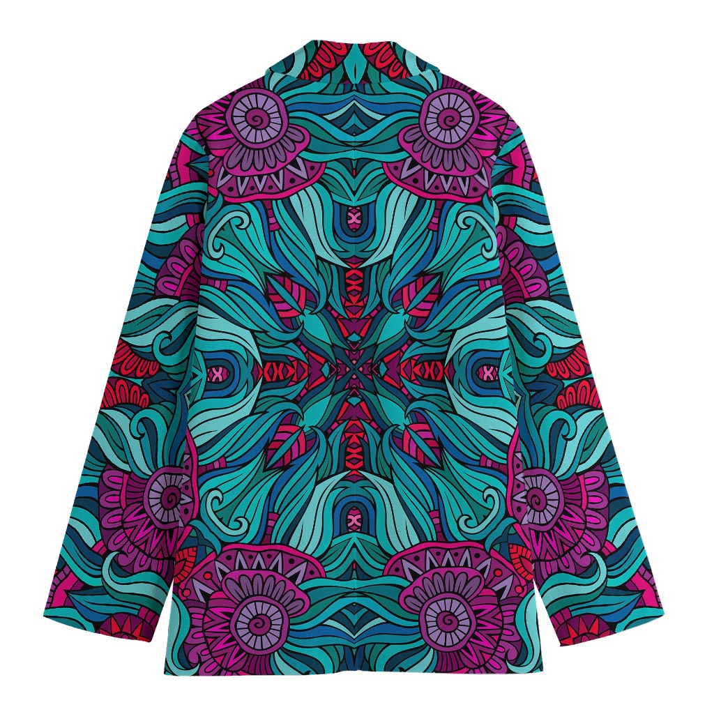 Ethnic Teal Bohemian Pattern Print Women's Cotton Blazer