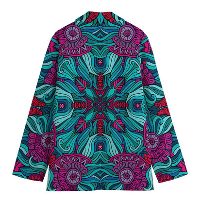 Ethnic Teal Bohemian Pattern Print Women's Cotton Blazer