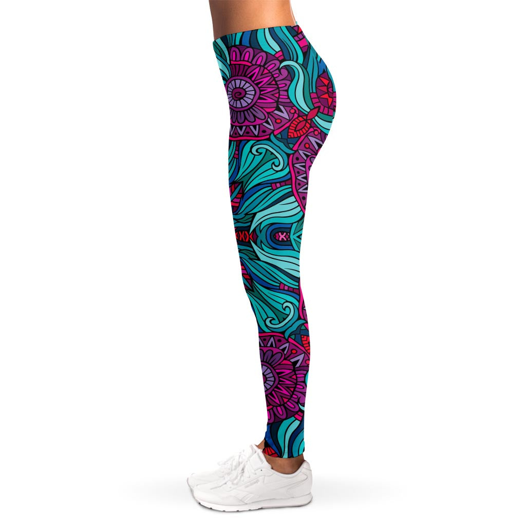 Ethnic Teal Bohemian Pattern Print Women's Leggings