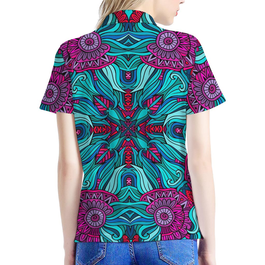 Ethnic Teal Bohemian Pattern Print Women's Polo Shirt