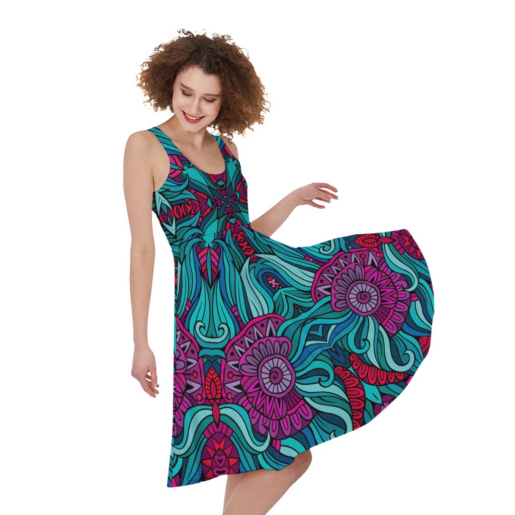Ethnic Teal Bohemian Pattern Print Women's Sleeveless Dress