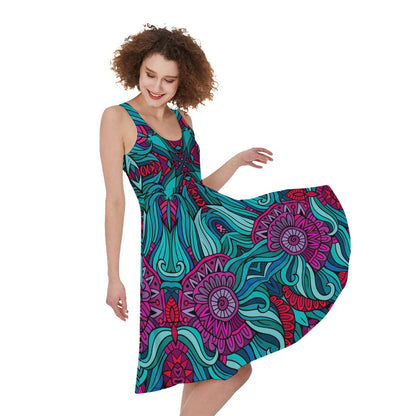 Ethnic Teal Bohemian Pattern Print Women's Sleeveless Dress