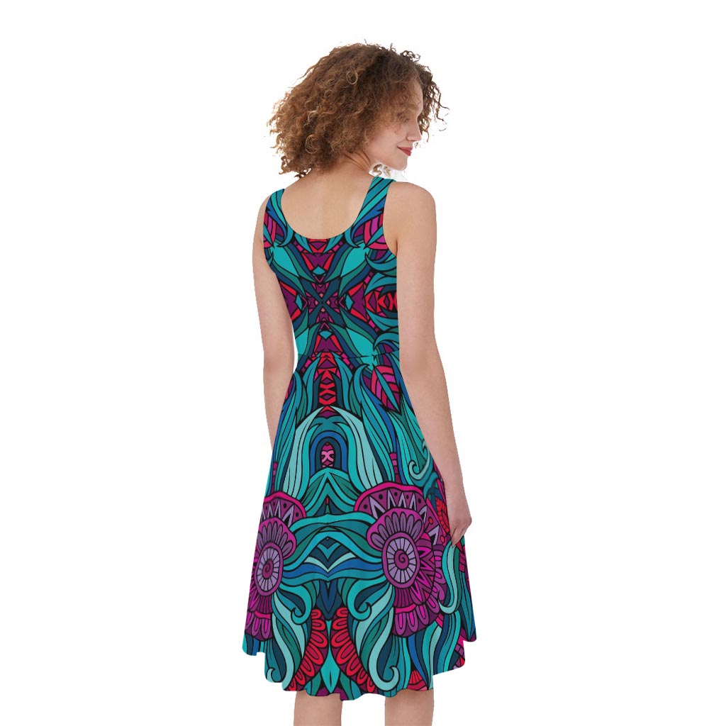 Ethnic Teal Bohemian Pattern Print Women's Sleeveless Dress