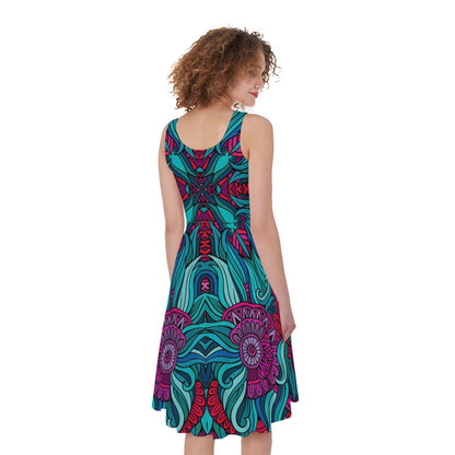 Ethnic Teal Bohemian Pattern Print Women's Sleeveless Dress