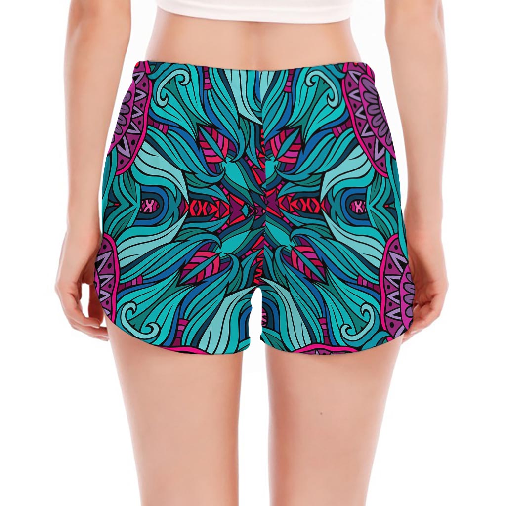 Ethnic Teal Bohemian Pattern Print Women's Split Running Shorts