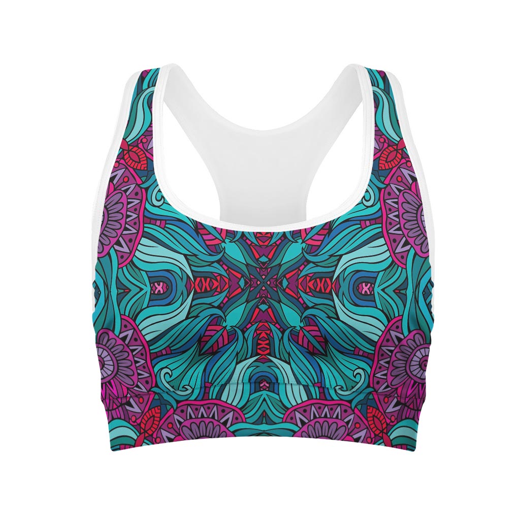 Ethnic Teal Bohemian Pattern Print Women's Sports Bra