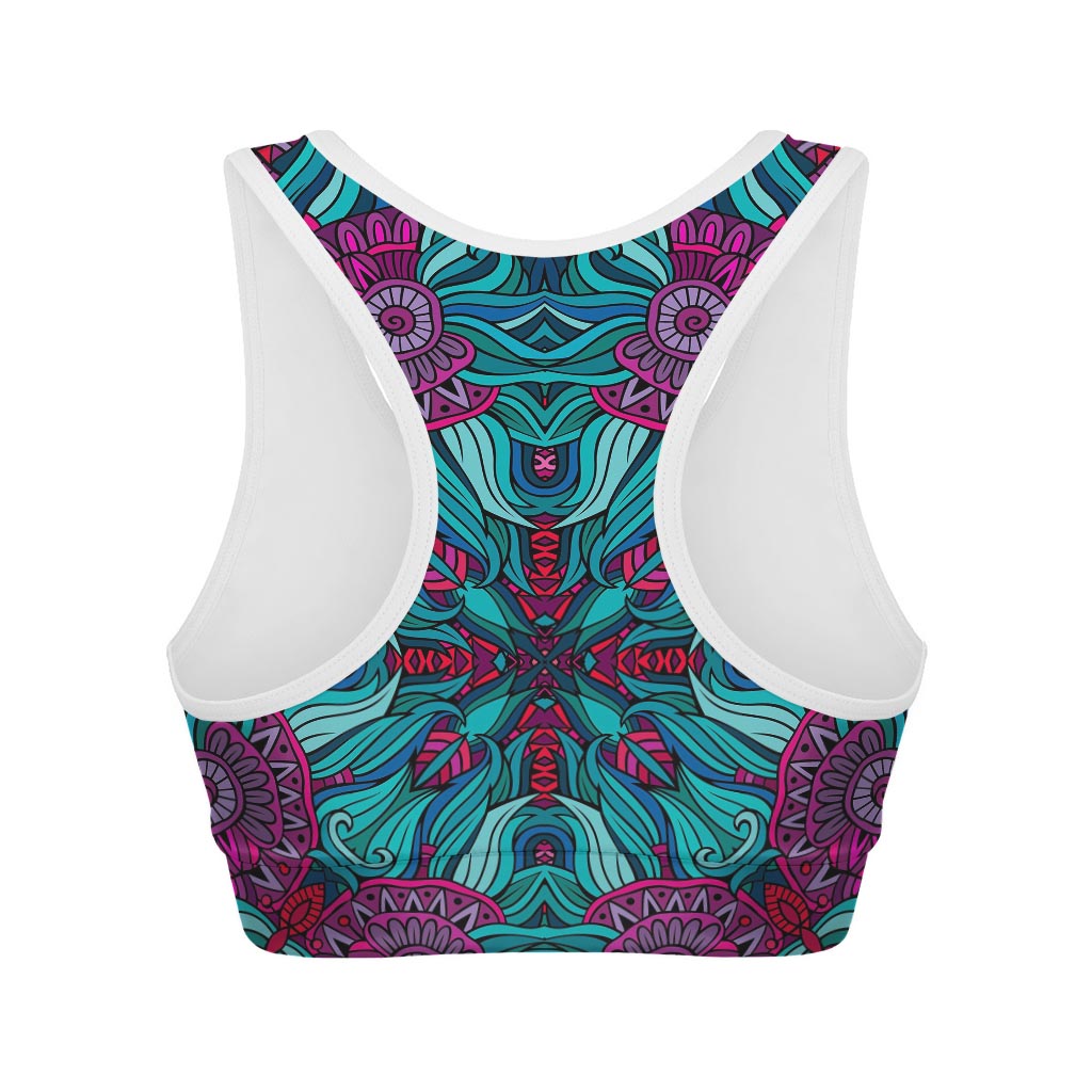 Ethnic Teal Bohemian Pattern Print Women's Sports Bra