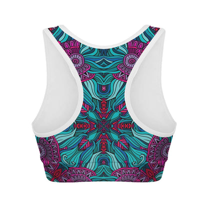 Ethnic Teal Bohemian Pattern Print Women's Sports Bra