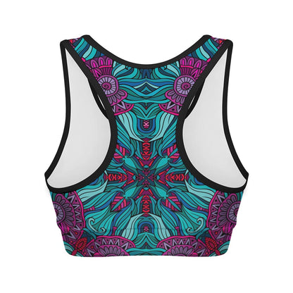 Ethnic Teal Bohemian Pattern Print Women's Sports Bra