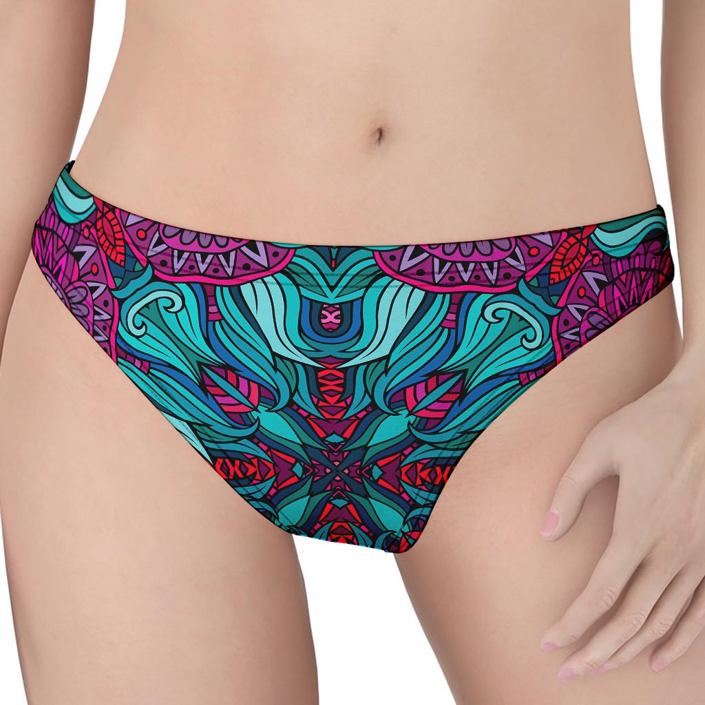 Ethnic Teal Bohemian Pattern Print Women's Thong