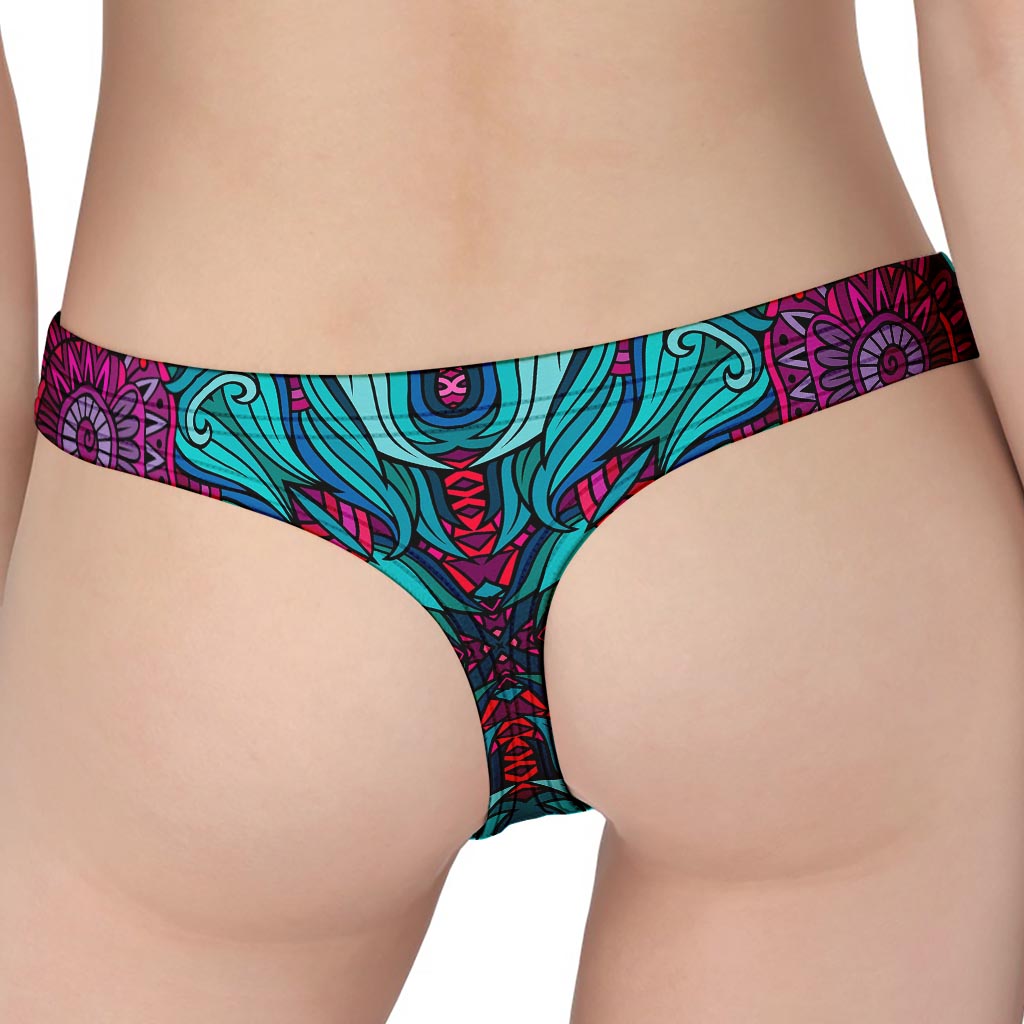 Ethnic Teal Bohemian Pattern Print Women's Thong