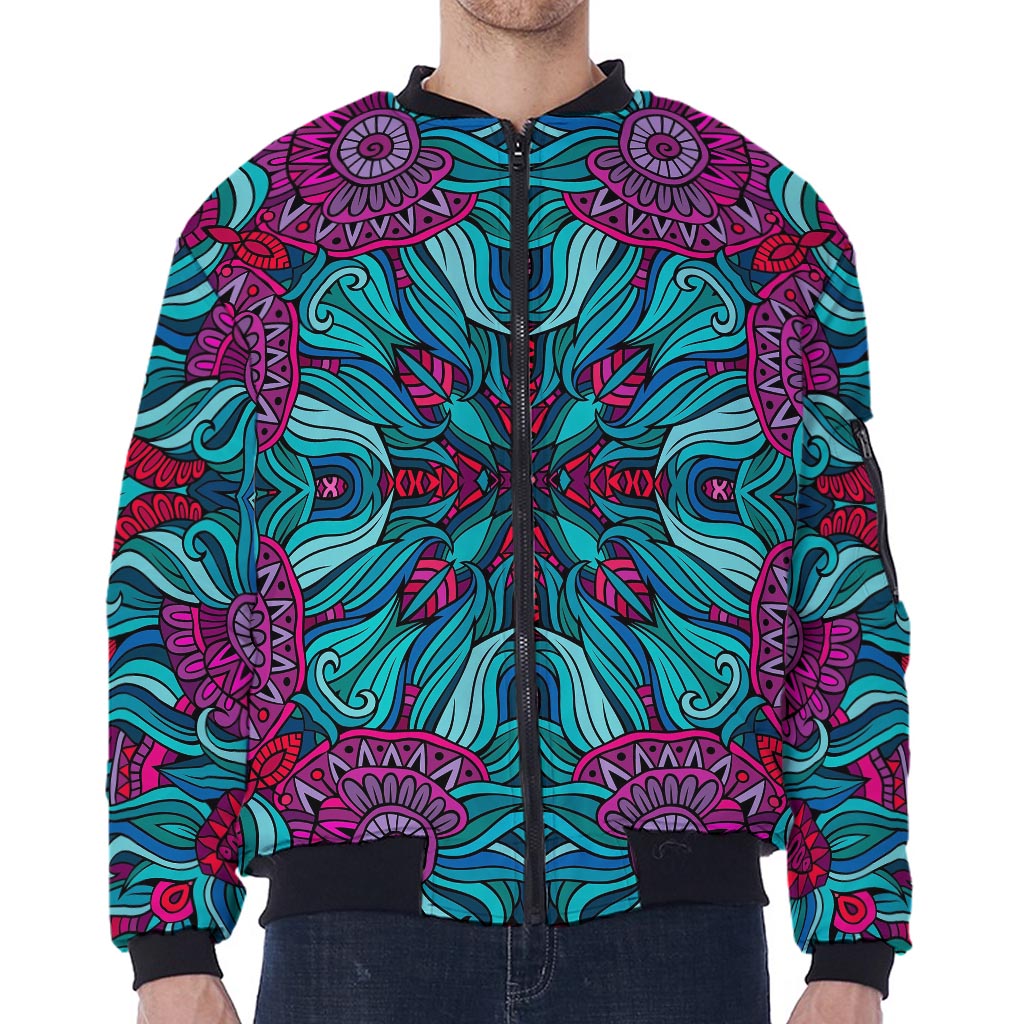 Ethnic Teal Bohemian Pattern Print Zip Sleeve Bomber Jacket