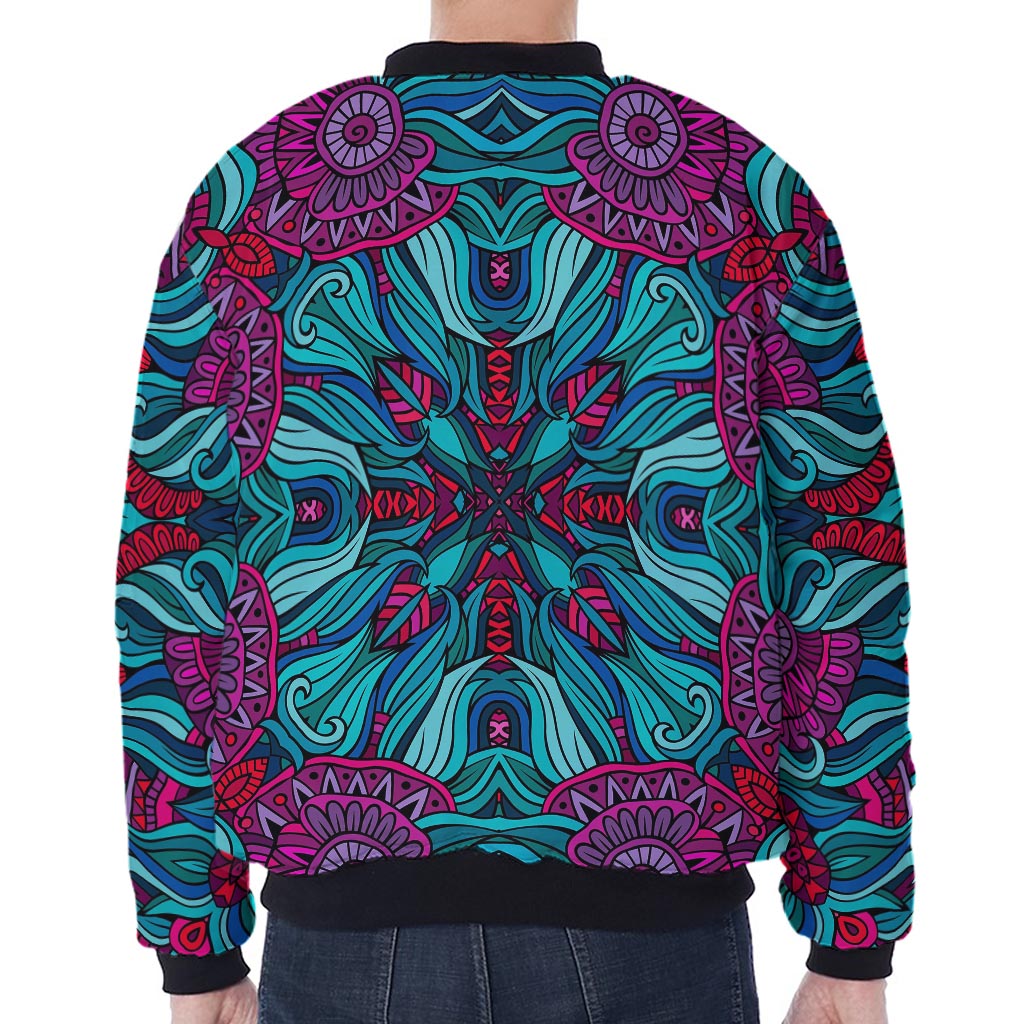Ethnic Teal Bohemian Pattern Print Zip Sleeve Bomber Jacket