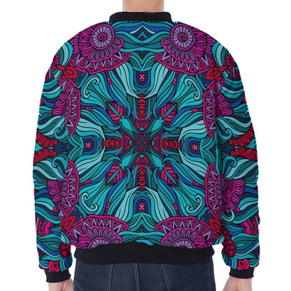 Ethnic Teal Bohemian Pattern Print Zip Sleeve Bomber Jacket