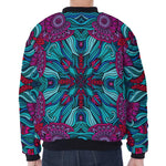 Ethnic Teal Bohemian Pattern Print Zip Sleeve Bomber Jacket