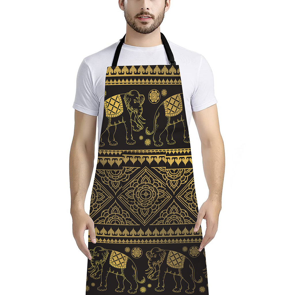 Ethnic Thai Elephant Pattern Print Bib Apron With Pocket