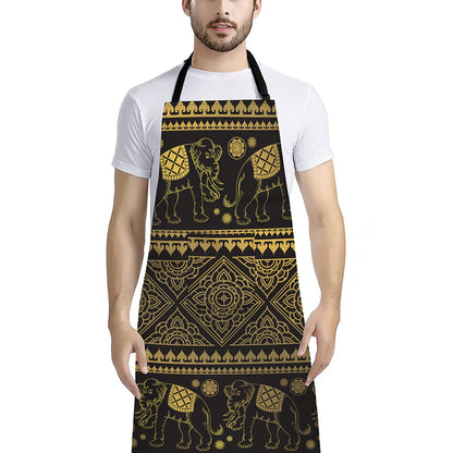 Ethnic Thai Elephant Pattern Print Bib Apron With Pocket