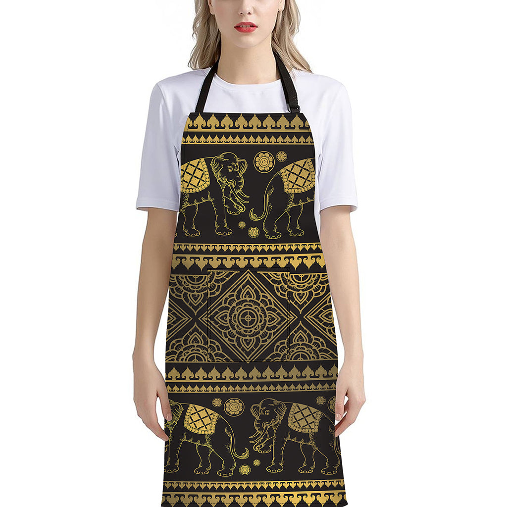 Ethnic Thai Elephant Pattern Print Bib Apron With Pocket