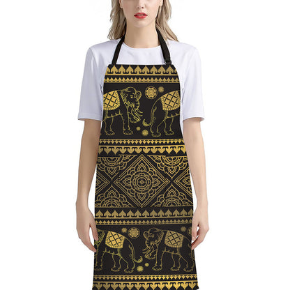 Ethnic Thai Elephant Pattern Print Bib Apron With Pocket